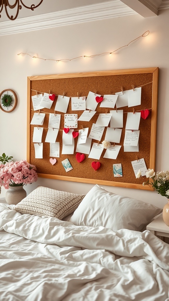 A cozy bedroom with a corkboard displaying love letters and notes, adorned with hearts and soft lighting.