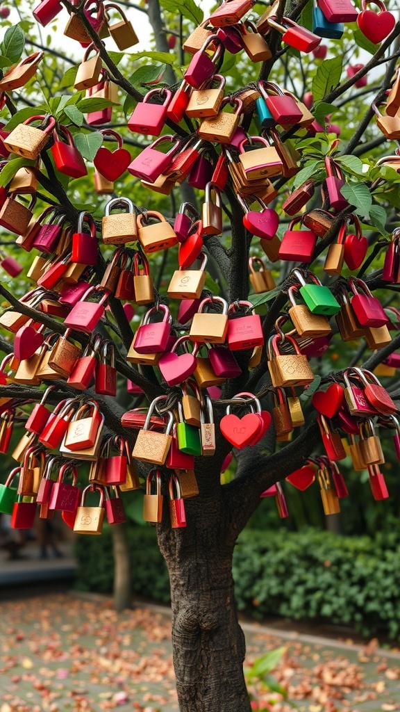 A tree filled with colorful padlocks representing love and commitment.