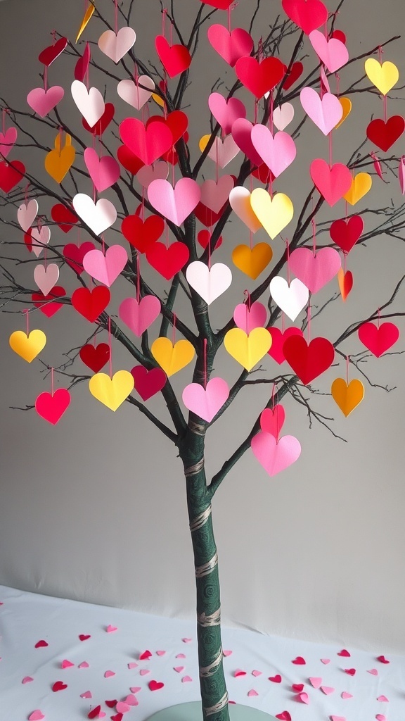 A decorative tree with colorful paper hearts hanging from its branches, symbolizing love and affection.