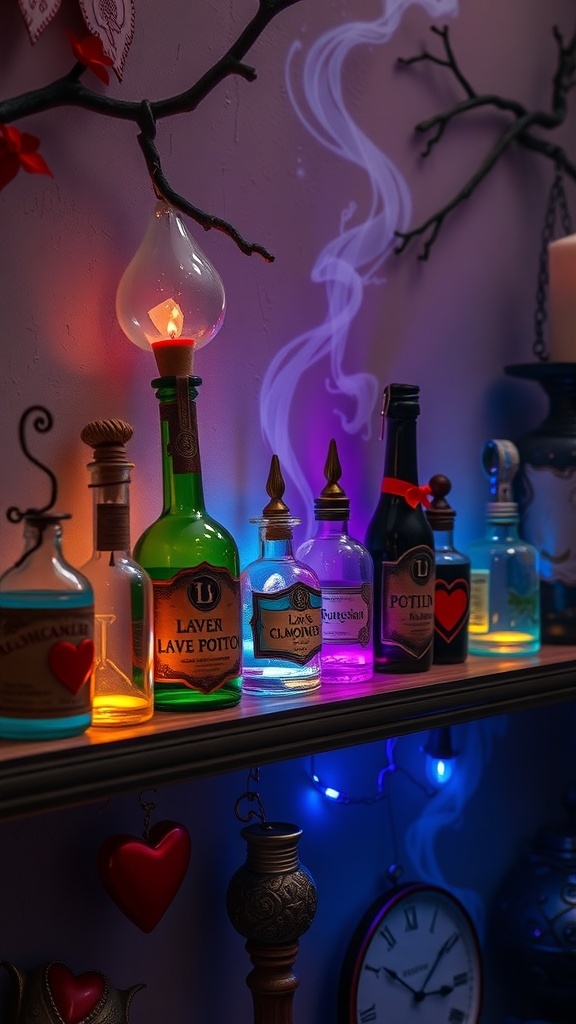 Colorful love potion bottles on a shelf with glowing lights and decorative elements.