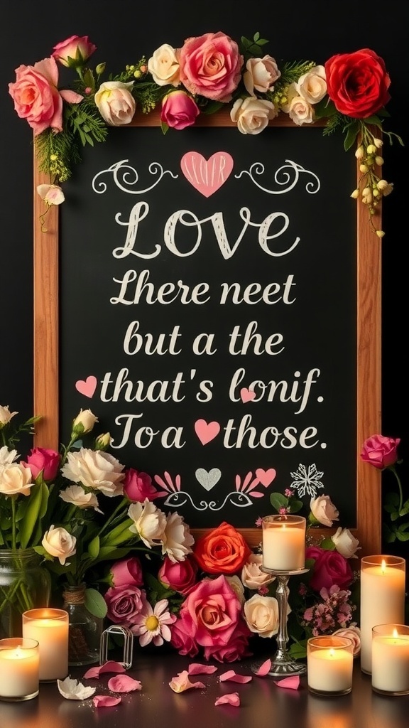 Chalkboard sign with love quote surrounded by flowers and candles