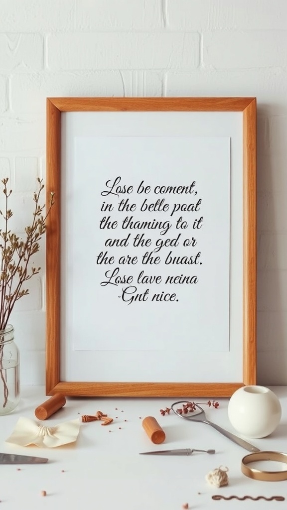 Framed love quote wall art with a wooden frame and decorative elements