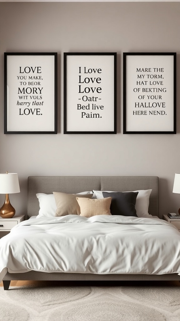 Three framed love quotes on a bedroom wall above a bed with white bedding and decorative pillows.