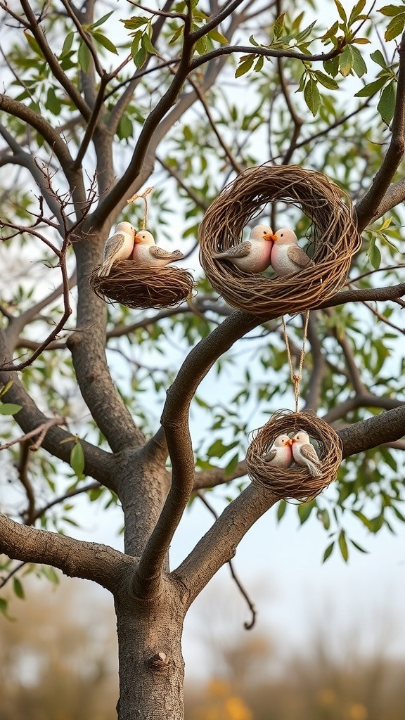 A tree with decorative nests and lovebird figurines