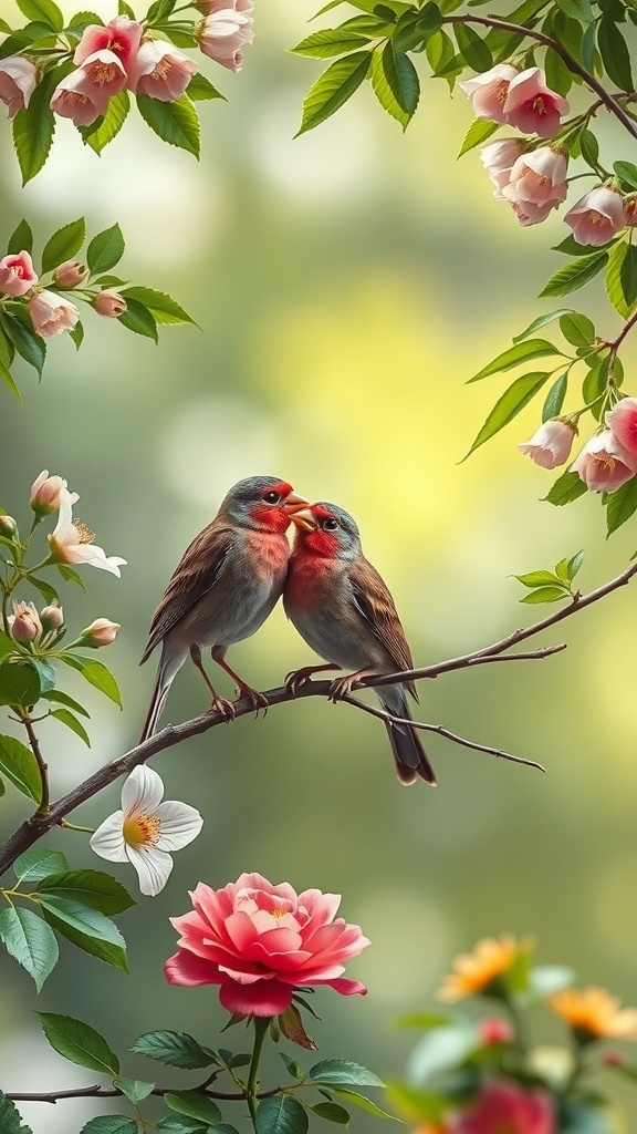 Two lovebirds kissing on a branch surrounded by colorful flowers.