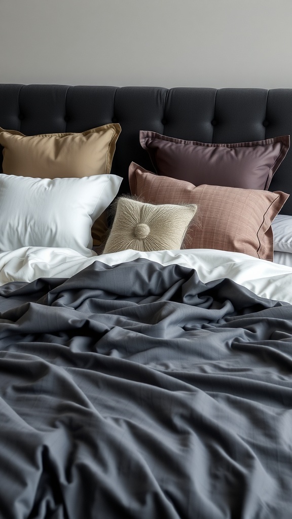 Luxurious dark grey bedding with various textured pillows.
