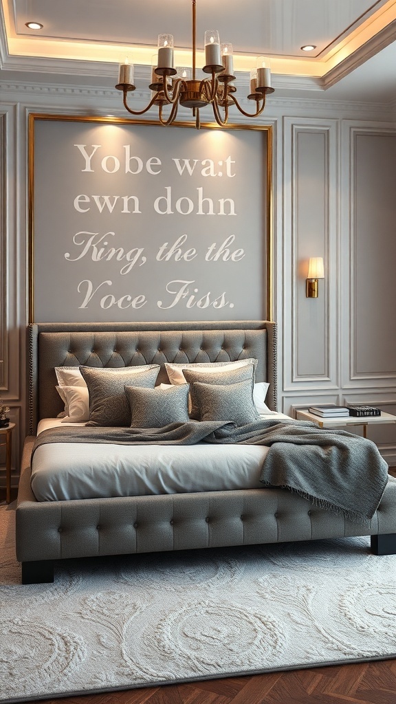 Luxurious grey upholstered bed frame in a stylish bedroom setting.