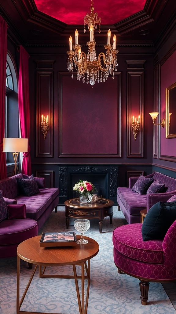 A luxurious glam room featuring purple velvet sofas, a chandelier, and elegant decor.