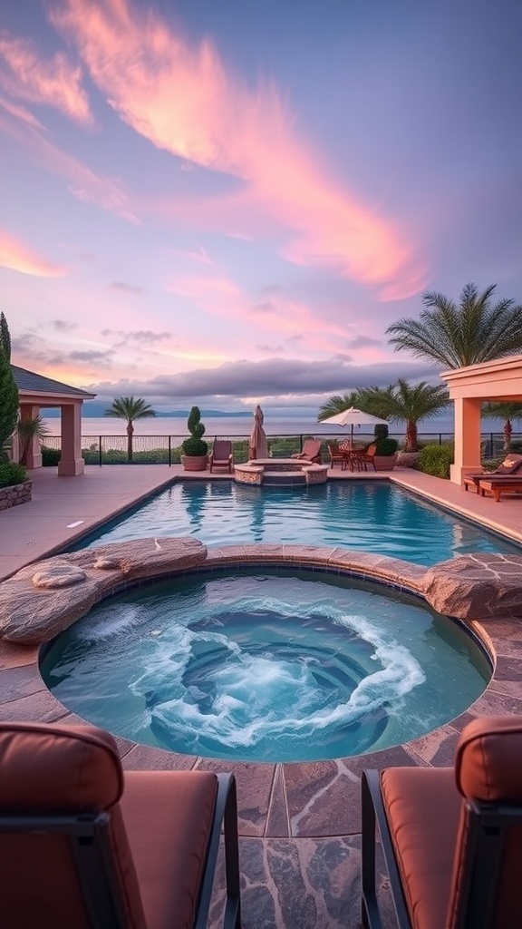 A luxurious backyard pool with a hot tub, surrounded by palm trees and a beautiful sunset.
