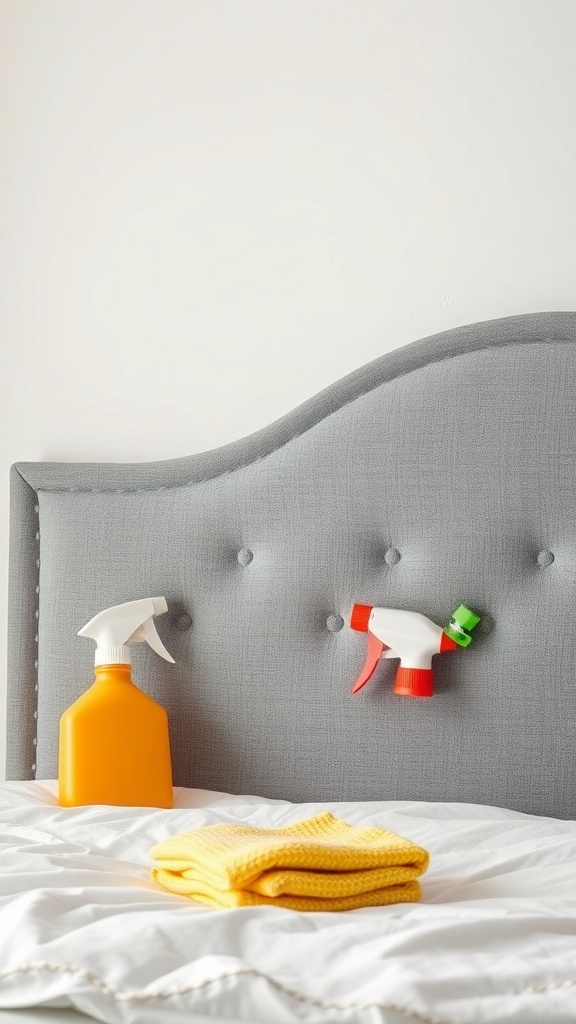 Cleaning supplies next to a grey headboard, indicating maintenance tips.
