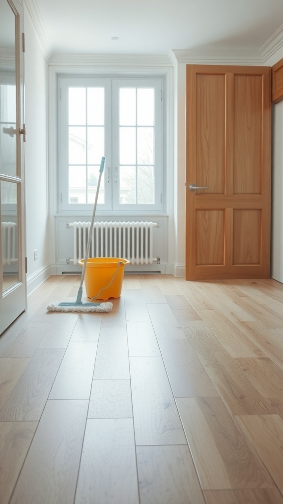 A clean room with light wood floors, a mop, and a bucket.