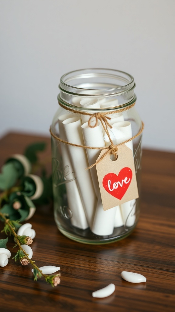 A mason jar filled with rolled love notes and a tag that says 'love'.