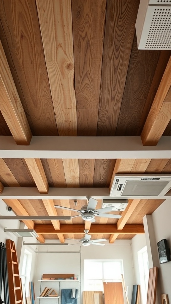 Wooden passage ceiling with beams and ceiling fan.