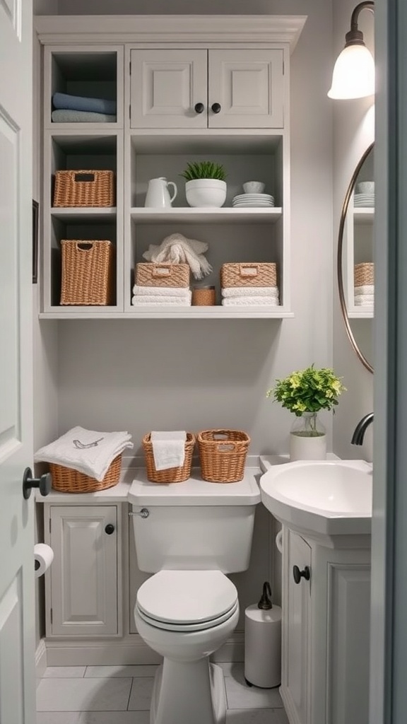Small master bath with organized storage solutions including shelves and baskets.