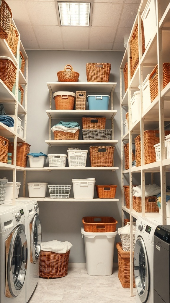 A well-organized laundry room with shelves filled with baskets and bins.