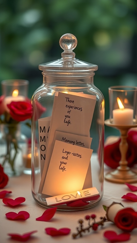 A memory jar filled with notes and surrounded by roses and candles, symbolizing love and shared experiences.