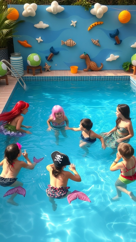 Children in a pool dressed as mermaids and pirates, enjoying a fun theme day.