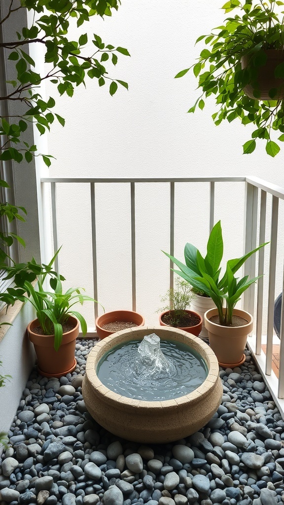 A small balcony featuring a round water fountain surrounded by potted plants and pebbles.