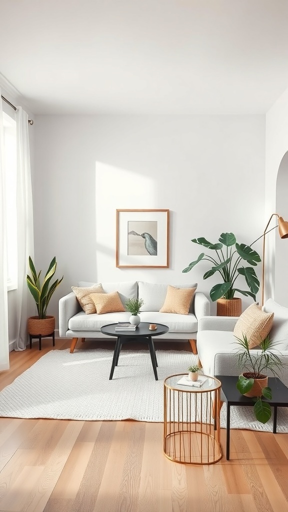 A minimalist decorated living room with a cozy sofa, coffee table, and plants.