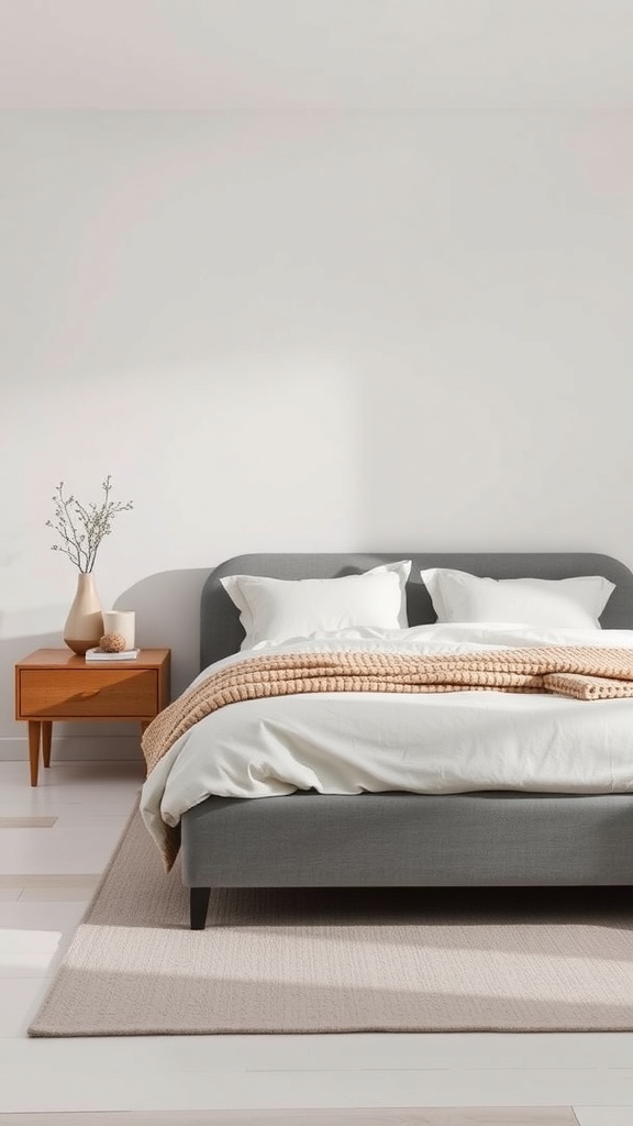 Minimalist grey bed frame with neutral accents in a bedroom.