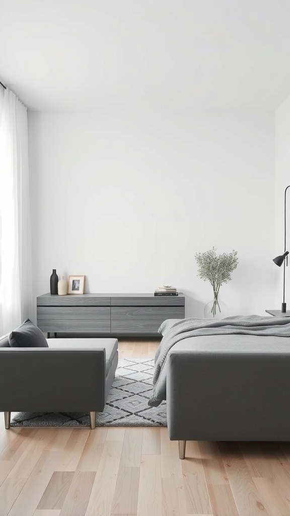 A minimalist grey bedroom featuring a grey sofa, dresser, and light wooden floor.