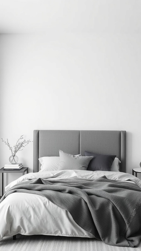 Minimalist bedroom featuring a grey headboard with simple bedding and decor.