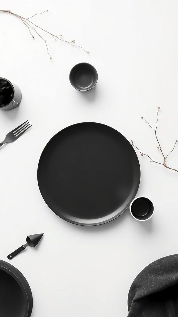 A minimalist tablescape featuring black plates, cups, and delicate branches on a white surface.