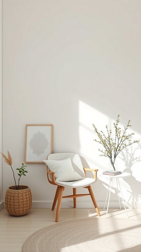 A minimalist Scandinavian reading nook featuring a cozy chair, a small side table, and decorative plants.