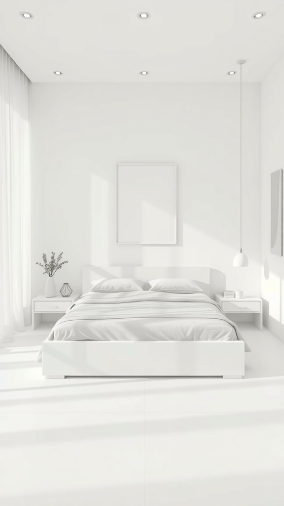 A minimalist white bedroom with a bed, nightstands, and natural light.