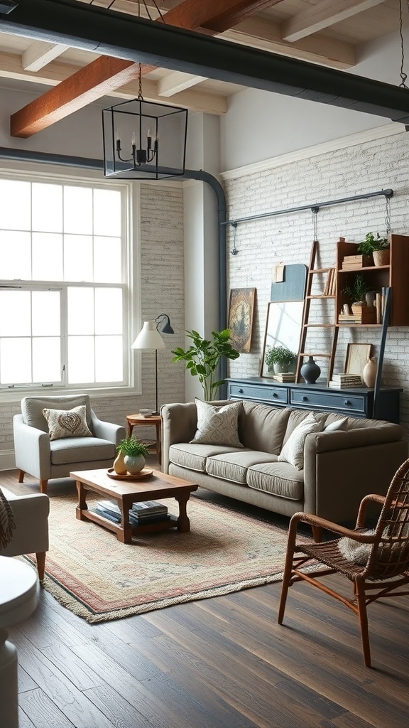 A cozy industrial farmhouse living room featuring modern and antique decor elements.