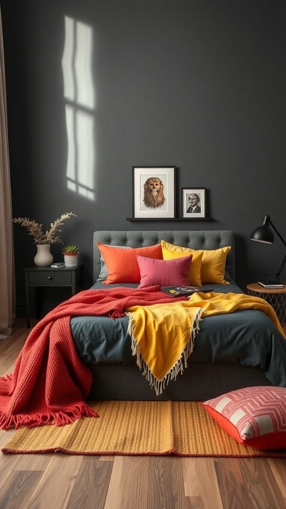 A dark grey bedroom with bright colored pillows and throws on the bed.