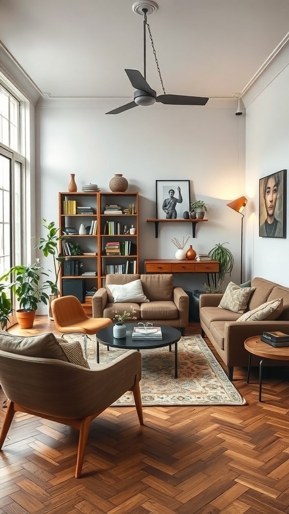 A cozy living room featuring a mix of modern and vintage furniture, with a wooden floor, plants, and art on the walls.
