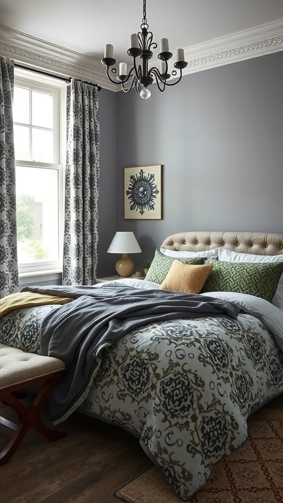 A cozy grey bedroom featuring mixed patterns in bedding and curtains, with a chandelier and decorative elements.