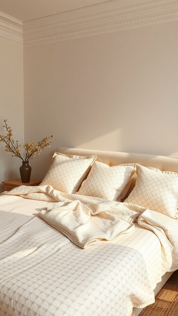 A cozy cream and beige bedroom featuring textured pillows and a soft blanket on the bed, with a vase of dried flowers on a nightstand.