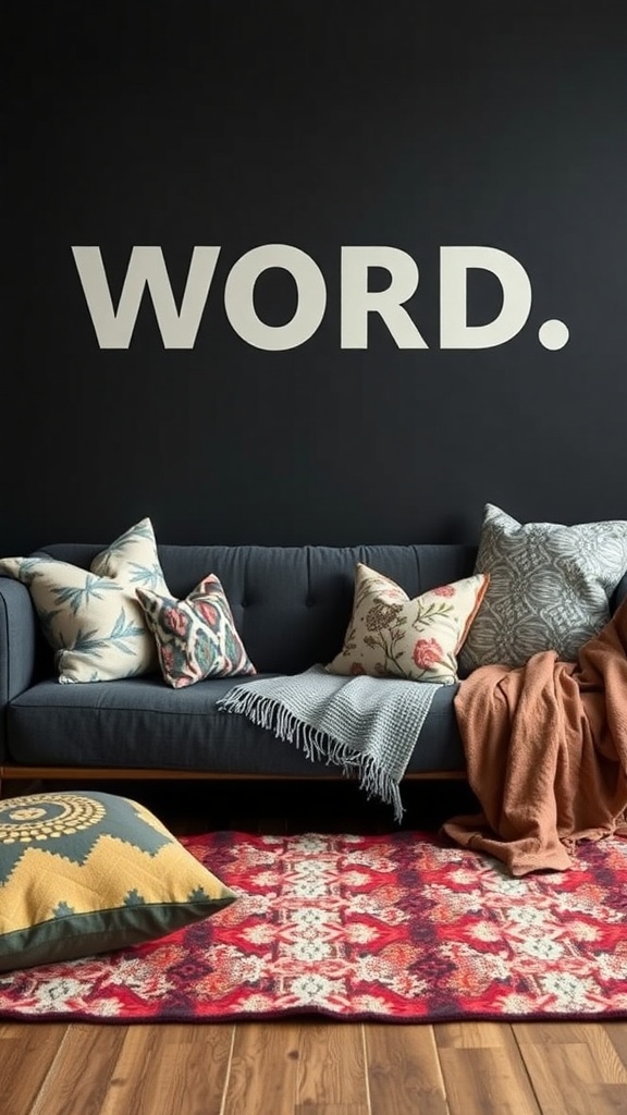 A dark grey sofa adorned with various patterned pillows and a colorful rug.