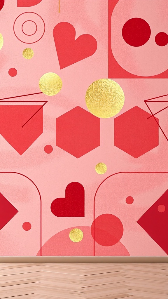 Modern geometric wallpaper featuring hearts and shapes in vibrant colors for Valentine's Day.