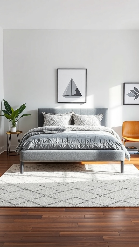 A modern bedroom featuring a grey bed frame with geometric patterns, complemented by a light rug and plants.