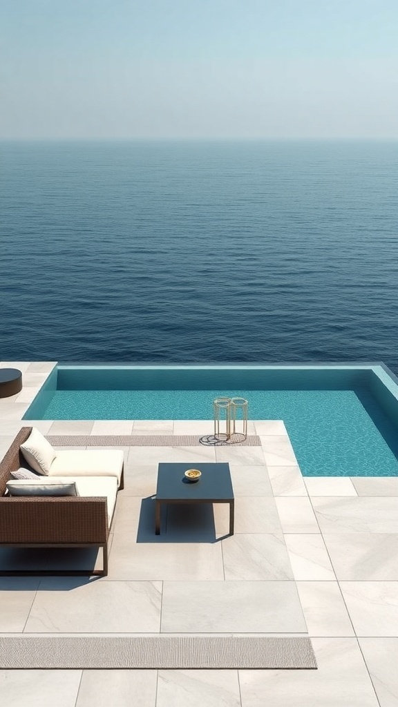 A modern minimalist pool area with sleek decking, a sofa, and a coffee table overlooking the ocean.