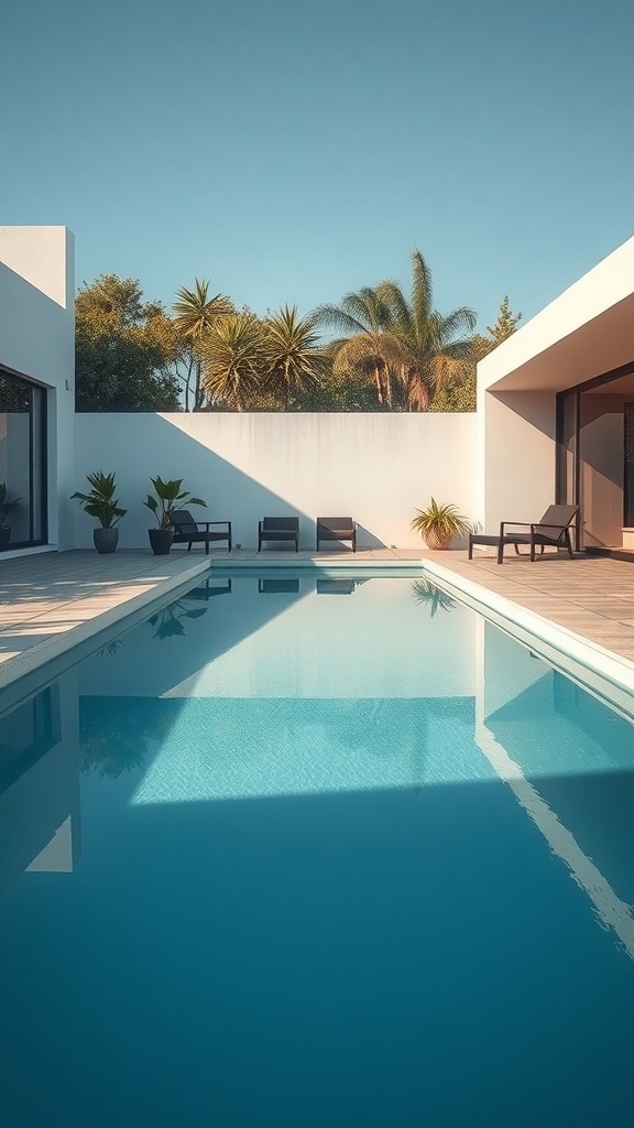 A modern minimalist backyard pool with clear water, lounge chairs, and potted plants.