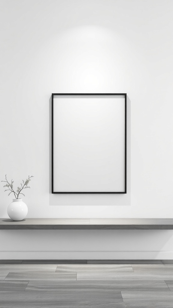 A modern minimalist black picture frame on a white wall with a simple vase on a shelf.
