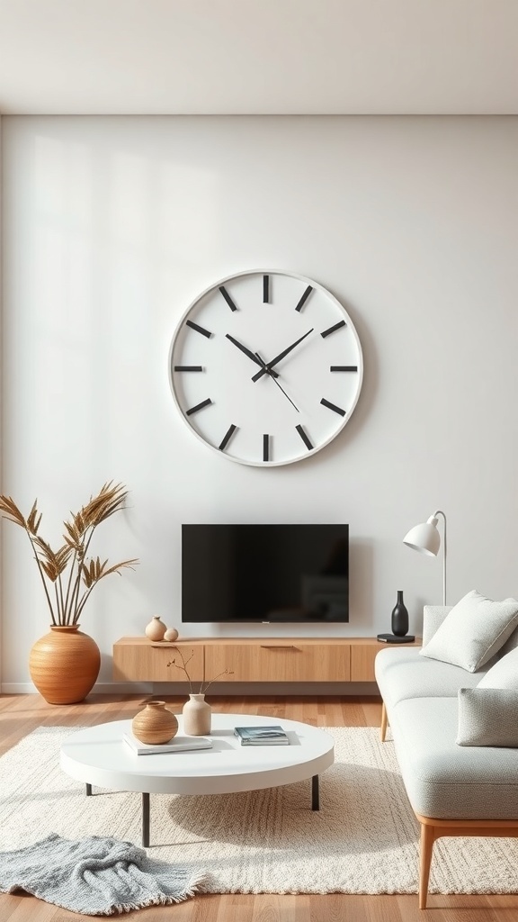 A modern minimalist wall clock in a living room setting.