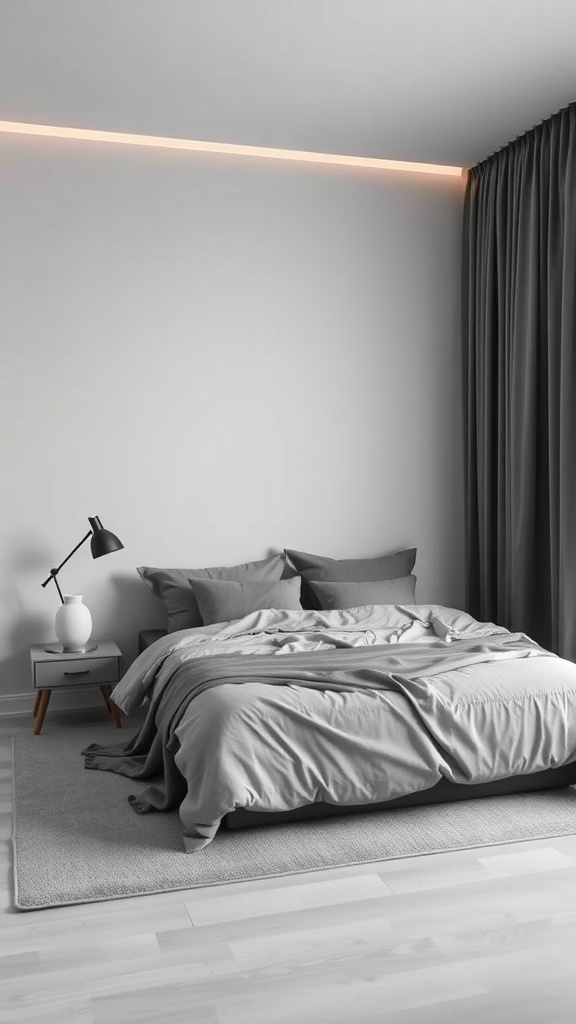 A stylish grey bedroom featuring soft bedding, modern furniture, and elegant curtains.