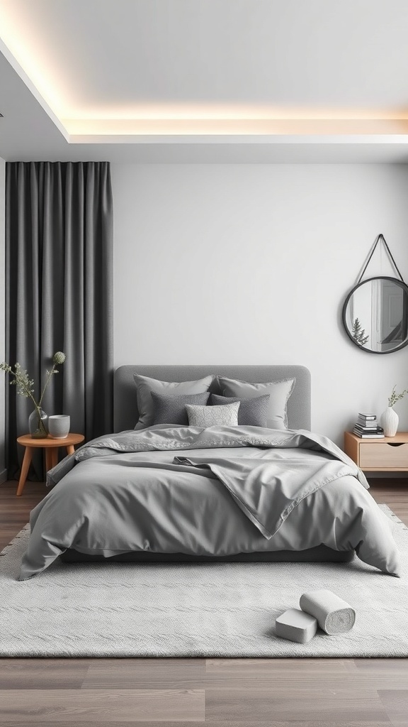 A modern grey bedroom featuring a grey bedspread, pillows, curtains, and wooden furniture.