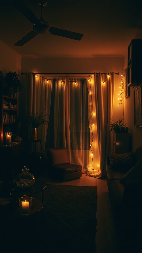 A cozy apartment with warm mood lighting, featuring string lights and candles.
