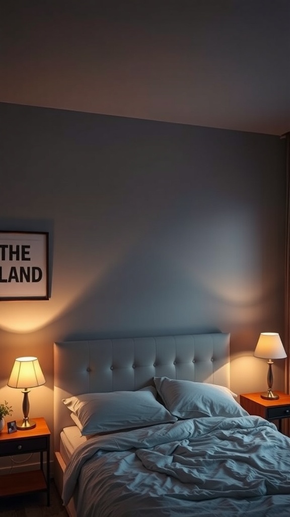 A cozy bedroom with soft lighting, featuring a bed with white linens and bedside lamps casting a warm glow.