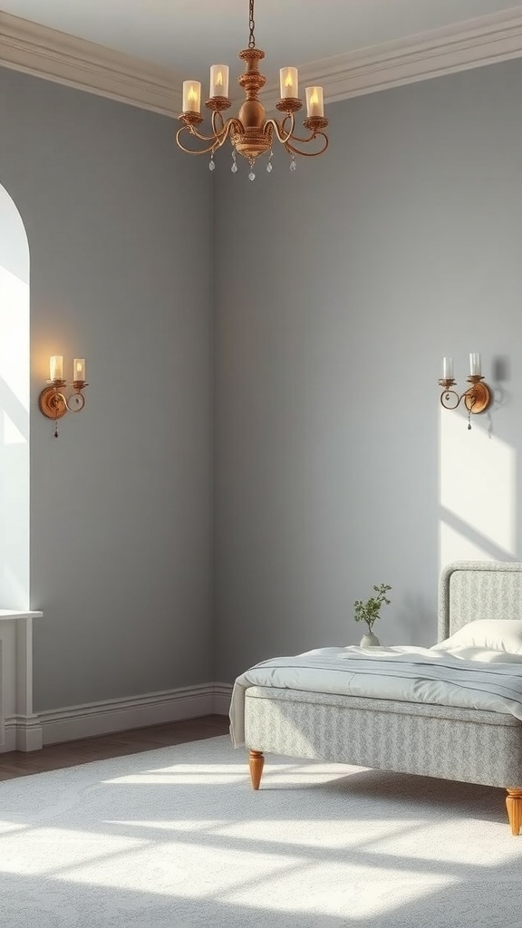 A cozy grey bedroom featuring a chandelier and wall sconces for mood lighting.