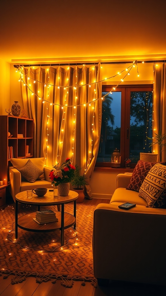 A cozy living room decorated with fairy lights, featuring warm lighting, a coffee table with books, and a plant.