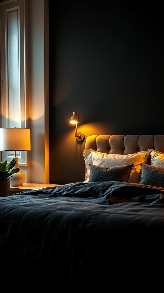 A cozy dark grey bedroom with warm lighting and soft textures.