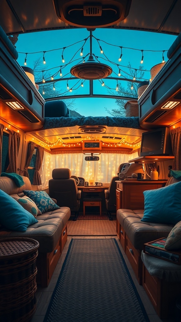 Cozy RV interior with string lights creating a warm atmosphere