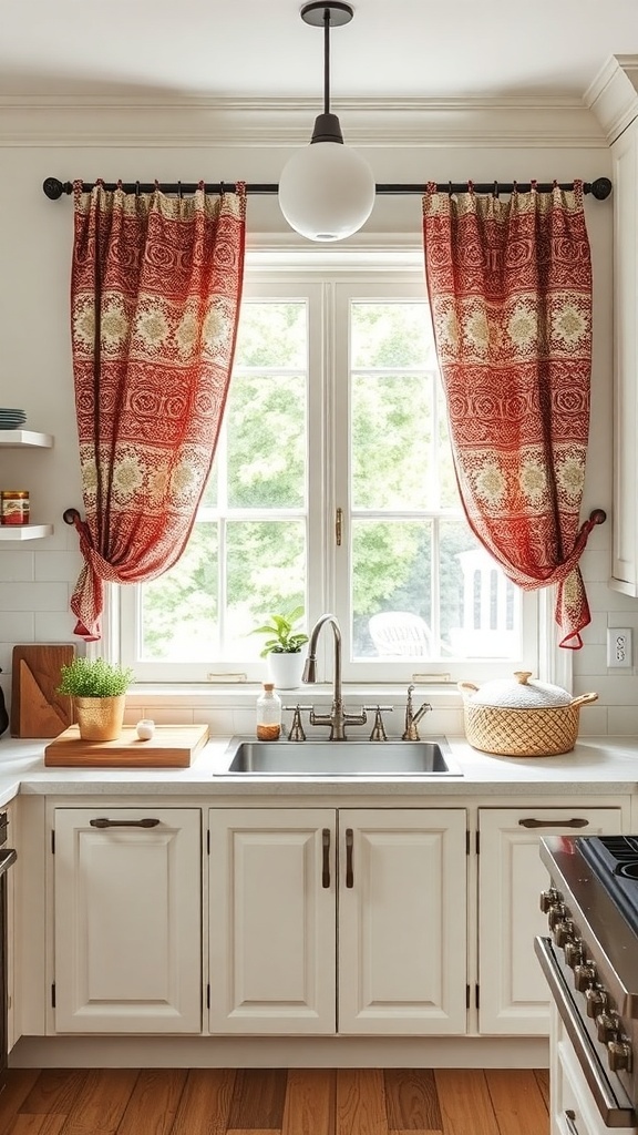 A kitchen with Moroccan-inspired red patterned curtains, a sink, and wooden accents.